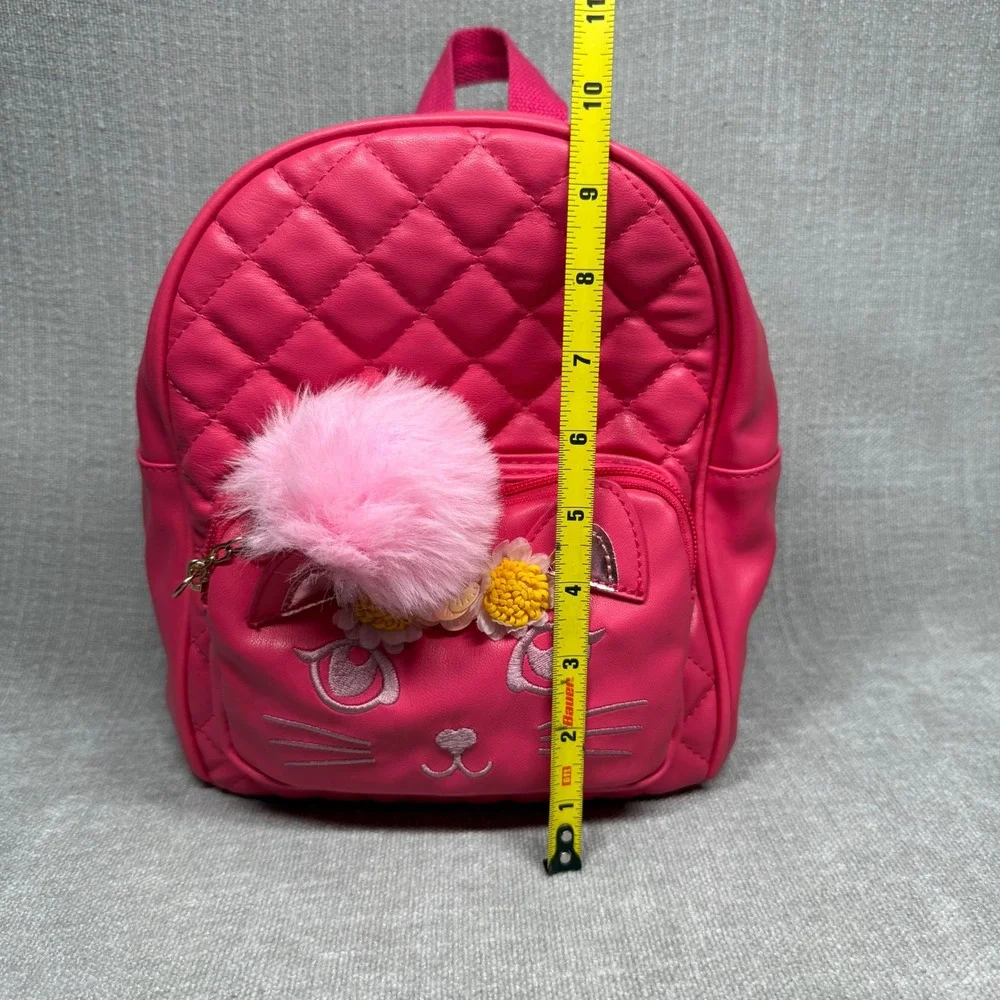 Pink Cat Mini Backpack Quilted Faux Leather Pom Pom Flower Crown Kids School Bag